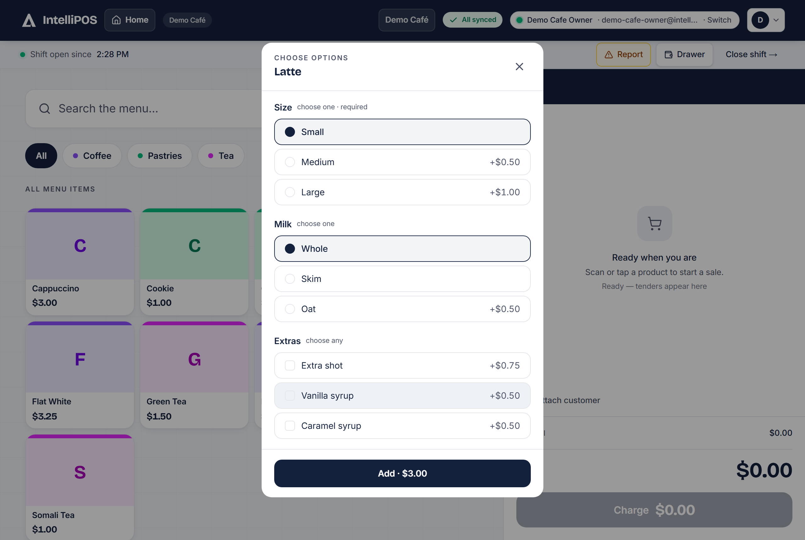 Choosing options for a drink — size, milk and extras, with prices adjusting