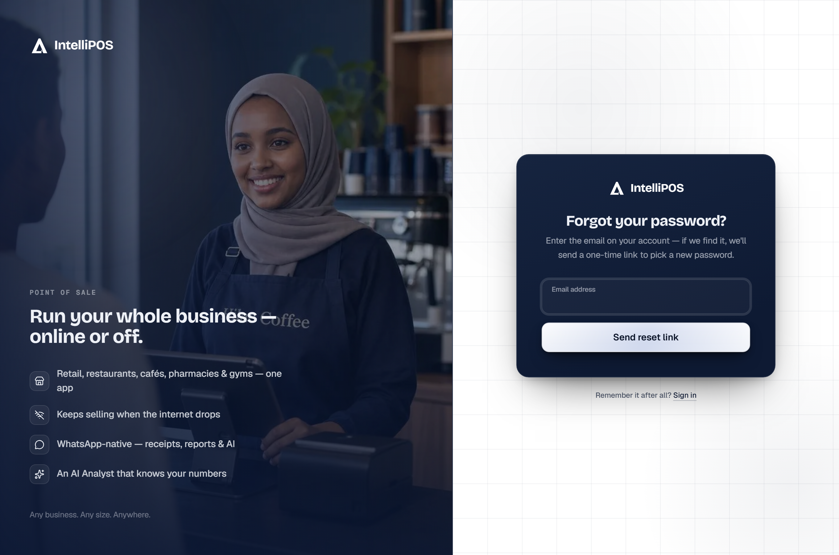 Forgot password — enter your email, get a one-time link