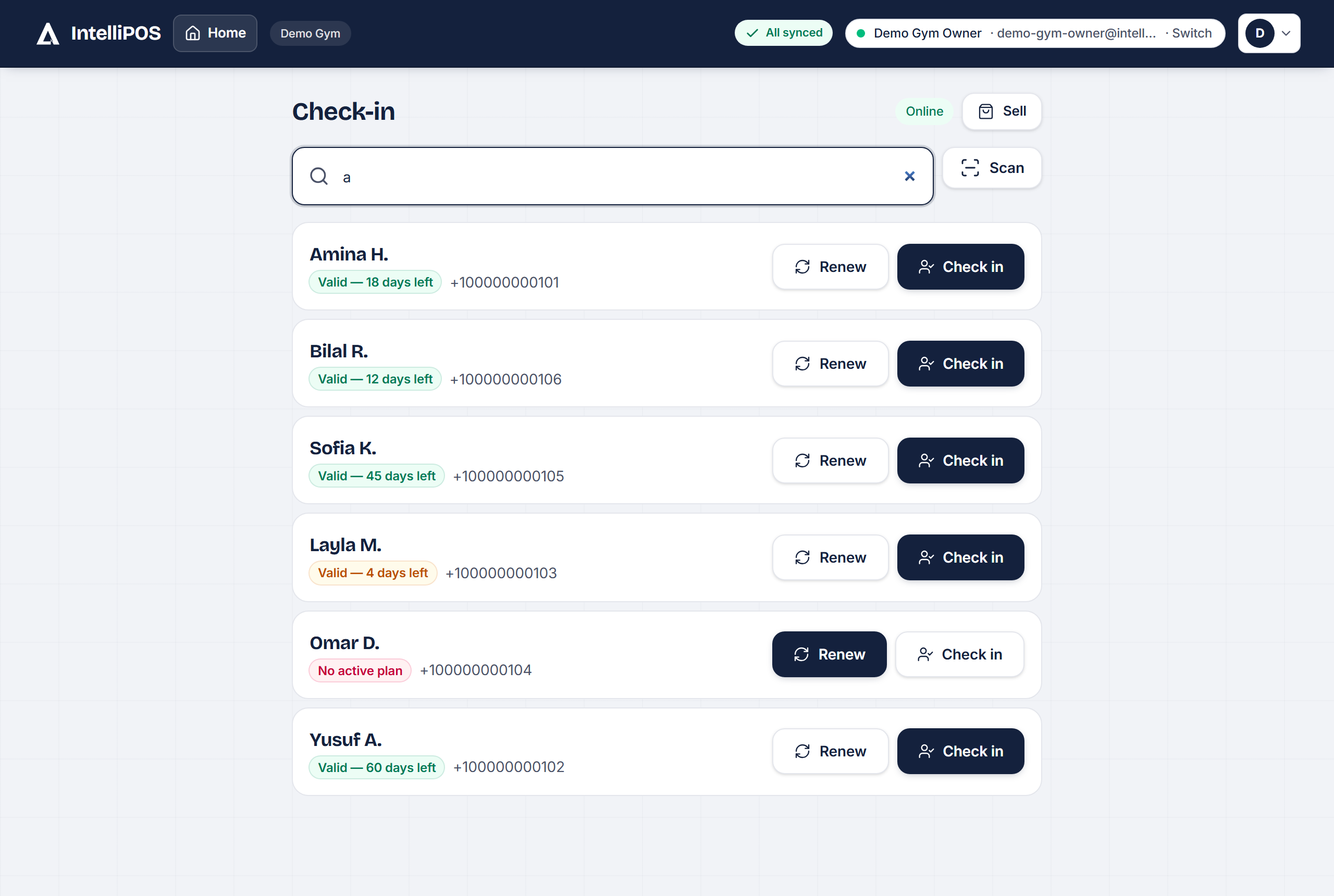 Gym check-in — search a member and see their standing at a glance