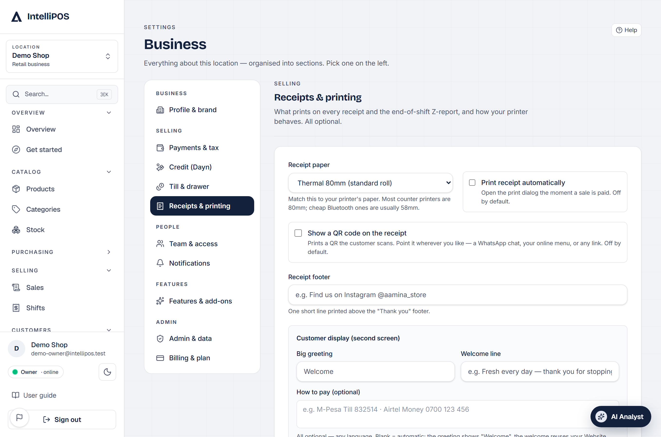 Receipts & printing — footer message and paper width
