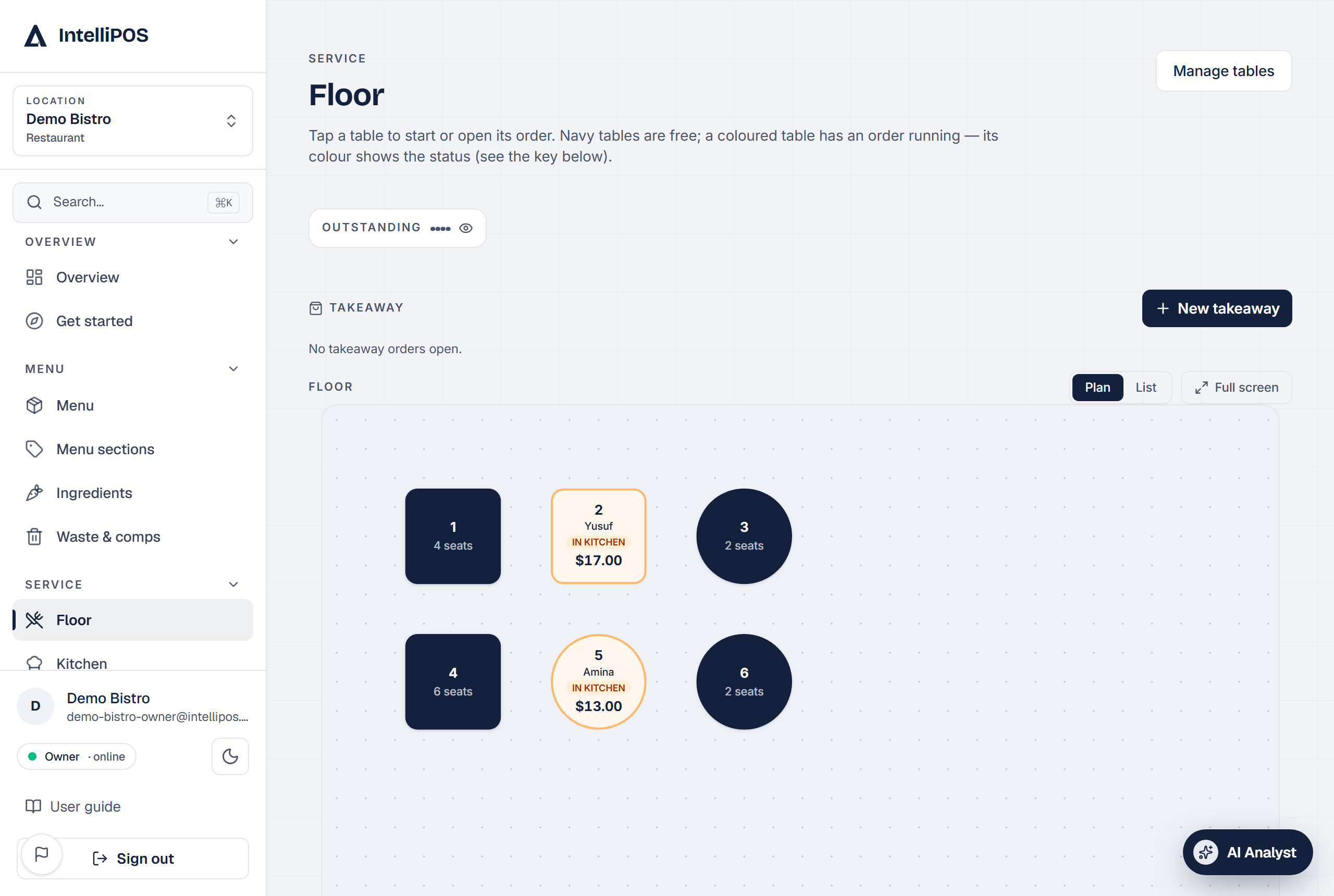 The restaurant floor — free tables are navy, a running order shows its status and total