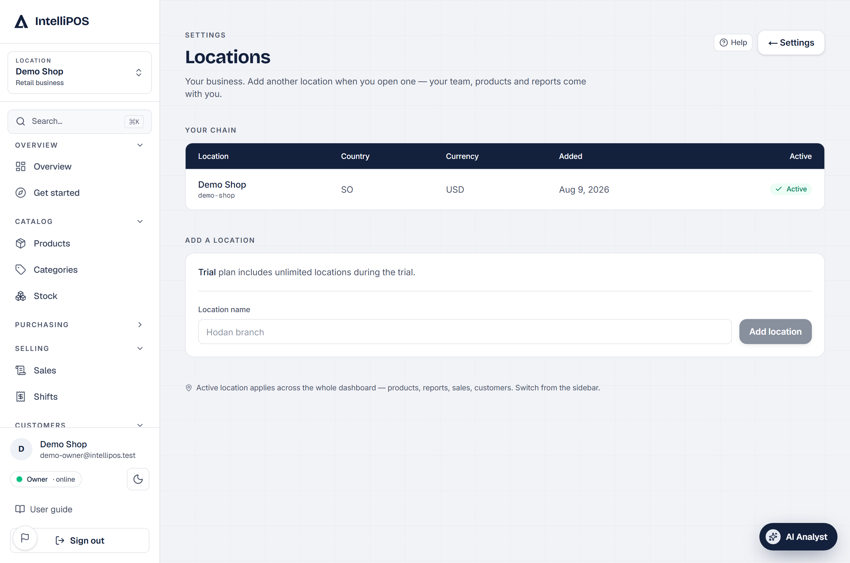 Settings → Locations — your branches in one place