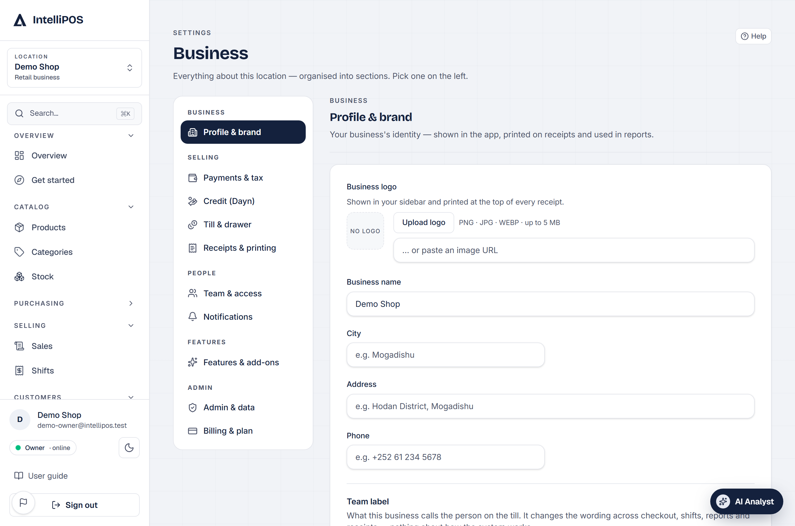 The Settings rail — pick a panel on the left