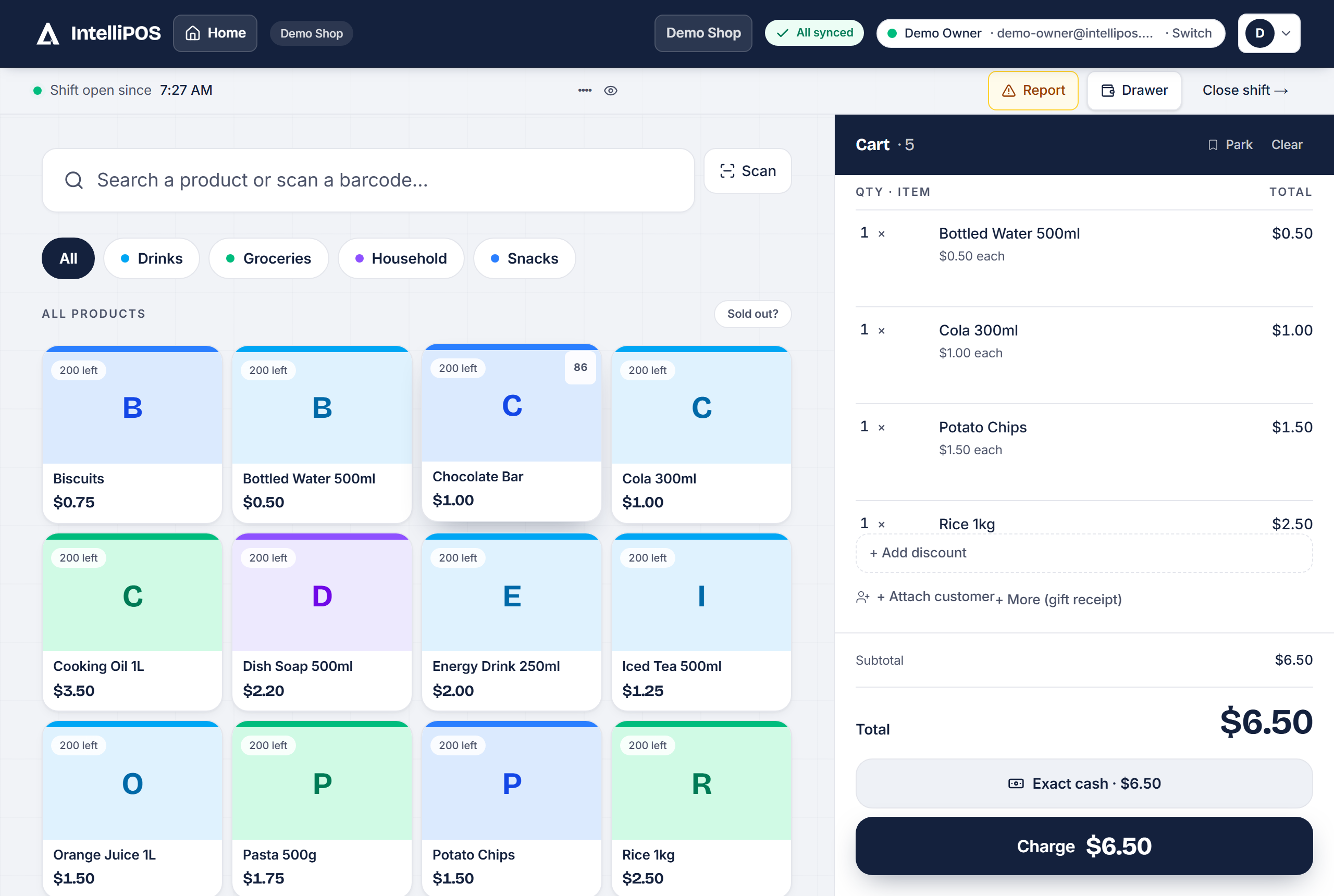 The IntelliPOS till — product grid, categories and the live cart